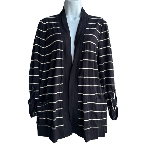 Jones New York Women's Striped Open Front Cardigan Black/White Size L - Picture 1 of 3